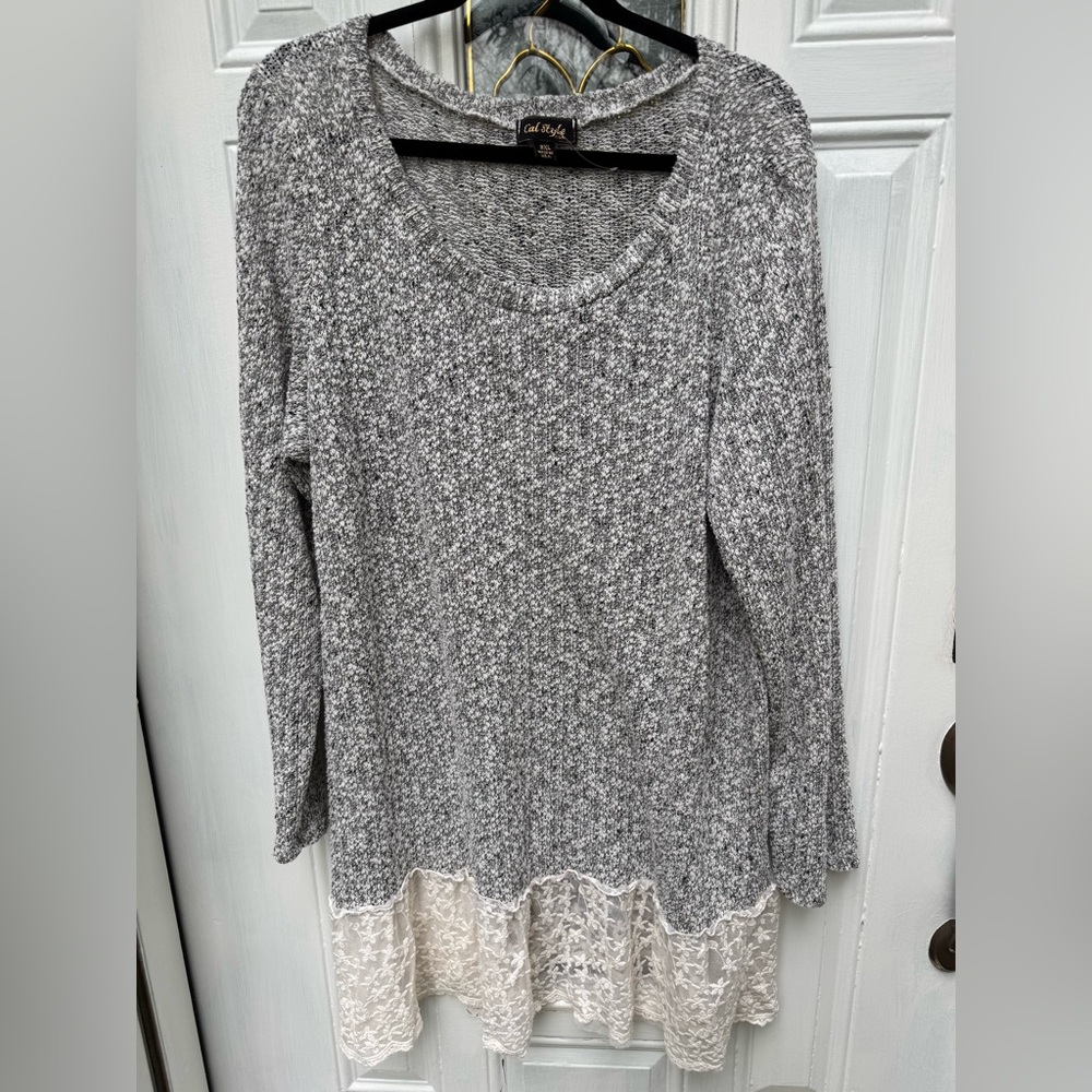 CAL STYLE Boho White & Black Lightweight Sweater Tunic Cream Lace Ruffle sz 3XL